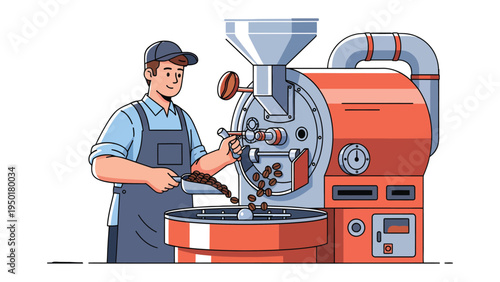 Artisan Coffee Roasting: A skilled individual meticulously roasts coffee beans, employing a large red coffee roaster to unlock the rich aroma and flavor.