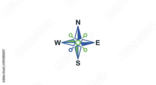 A blue and green compass rose graphic.