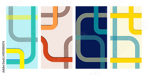 Abstract geometric line art patterns with colorful curved stripes.