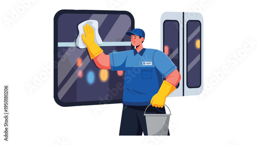 Cleaning in Progress: An illustration of a diligent cleaning person at work, wielding a cloth and bucket, sanitizing a subway window with dedication and precision.