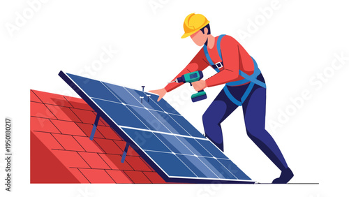 Solar Panel Installation: A skilled technician, equipped with necessary tools and safety gear, meticulously installs solar panels on a rooftop. Illustrating the process of renewable energy