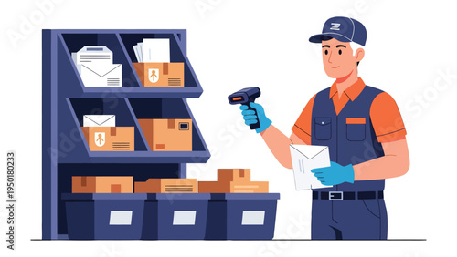 Postal worker with mail scanning: An industrious postal worker, engaged in the important task of sorting and scanning mail items and packages at a post office.