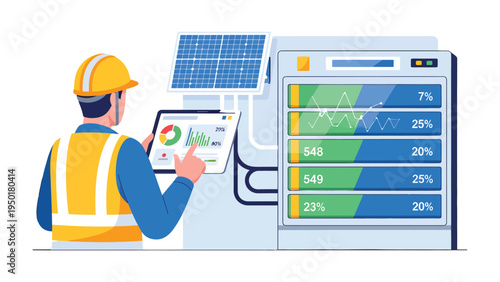 Engineer's Energy Evaluation: An engineer meticulously examines a digital tablet, monitoring energy metrics alongside a solar panel installation, signifying innovation.