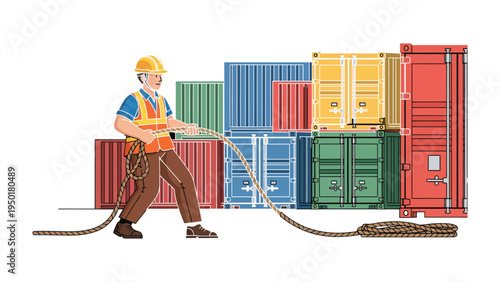A Worker's Endeavor: A determined worker strains against the rope, moving the vibrant shipping containers. Highlighting the power of effort in the realm of transport and industry.