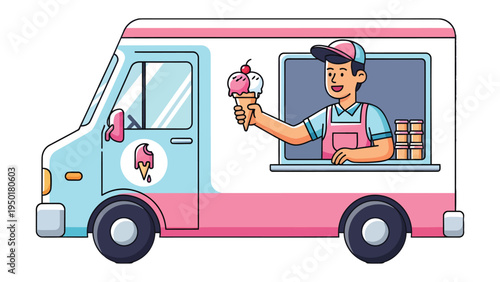 Ice Cream Truck Delight: A cheerful ice cream vendor extends a tempting cone from his vibrantly colored truck, embodying the joyous experience of a refreshing treat on a sunny day.