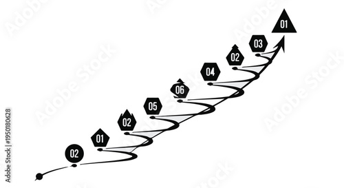 Business growth success concept with ascending spiral path and percentage increase symbols on white background
