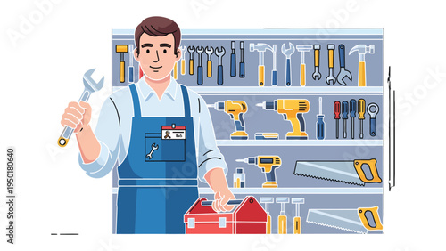 Handyman's Toolkit: A skilled handyman stands proudly, showcasing an array of tools essential for any repair or project. His tools are neatly organized on a shelf