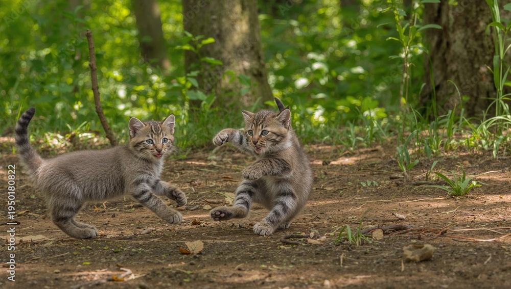 Obraz premium Playing two gray tabby kittens swatting and pouncing on shaded forest floor, with leaf litter
