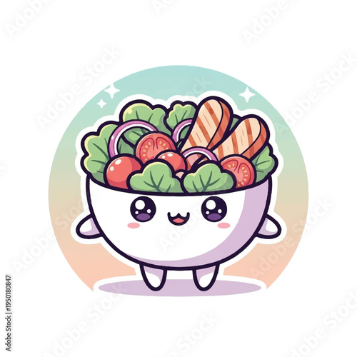 A cute cartoon bowl filled with a colorful salad, featuring lettuce, tomatoes, and carrots, set against a pastel background. Perfect for food blogs, healthy eating promotions, and nutrition