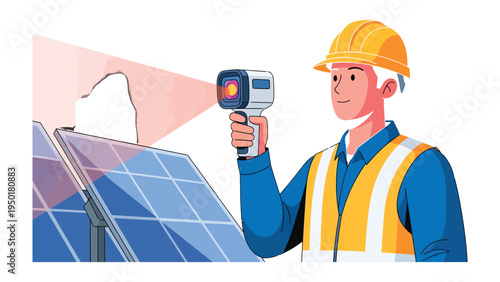 Energy Efficiency: An engineer uses a thermal camera to inspect solar panels for potential inefficiencies.