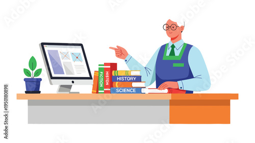 Teacher in Study Room: A teacher stands behind a study table, pointing towards a computer screen showcasing educational content, surrounded by an assortment of books.