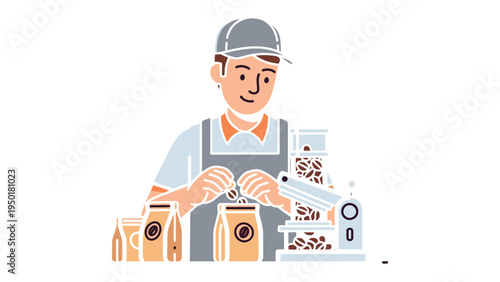 Coffee Production Illustration: A worker meticulously handles freshly roasted coffee beans, showcasing the process of preparing and packaging the aromatic brew.