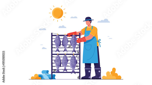 Sun-Dried Fish Process: A diligent figure meticulously tends to rows of fish drying under the warm glow of the sun, reflecting a time-honored tradition and the essence of natural preservation.