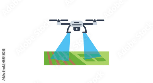Drone flying over green landscape with blue lights.