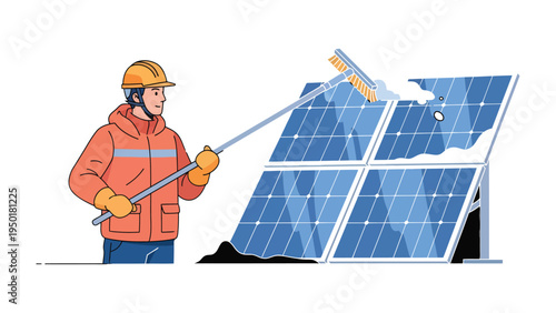 Solar Panel Maintenance: A worker in protective gear meticulously cleans the snow-covered surface of solar panels with a long-handled squeegee.