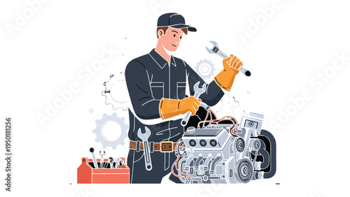 Automotive Specialist at Work: A skilled mechanic meticulously examines a complex engine, employing expert techniques to ensure peak performance and precision. 