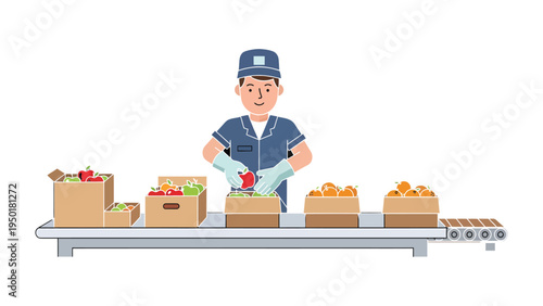 Sorting Produce: A diligent worker in a food processing facility, carefully sorting fresh apples and oranges, symbolizing the precision of food production and the journey of farm-to-table.