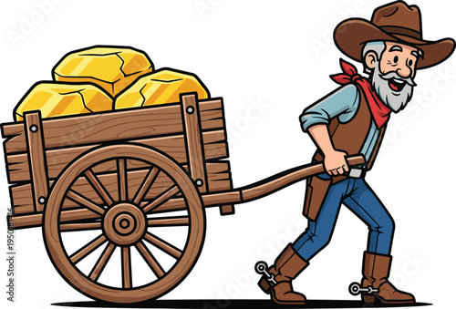 Cartoon cowboy gold miner pulling wooden cart filled with gold nuggets, western prospector character illustration isolated on white background