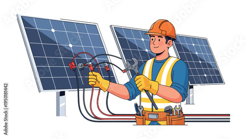 Solar Panel Installation: A skilled technician, equipped with necessary tools, diligently installs solar panels, connecting wires and ensuring optimal performance for sustainable energy solutions.