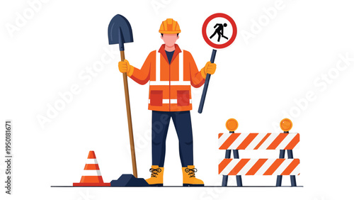 Construction Crew at Work: A construction worker stands diligently with tools of his trade, overseeing a road sign to denote the caution in construction area.