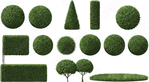 Collection of green hedge bushes and topiary shapes, garden shrub set vector illustration for landscaping design isolated on white background