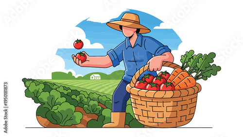Harvest Bounty: A farmer is diligently gathering freshly harvested vegetables from a flourishing farm field, the basket laden with nature's gifts, showcasing the fruits of hard labor.