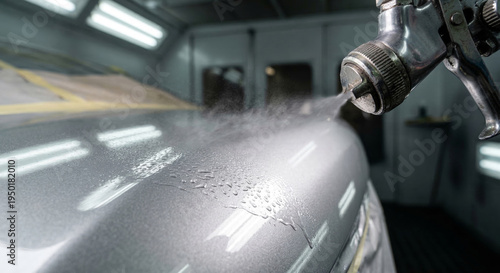 A skilled automotive painter carefully applies a precise layer of silver metallic paint or clear coat onto a car's hood using a professional spray gun in a well-lit spray booth.