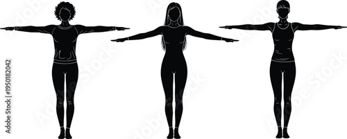 Female body silhouette standing in T pose, front view woman anatomy reference vector illustration isolated on white background