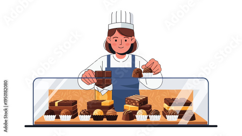 Crafting Confectionery: A skilled baker presents an assortment of artisan chocolate desserts behind a pristine display case, a testament to culinary artistry and the sweet allure of treats.