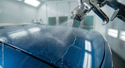 A professional auto body painter uses a high-precision spray gun to apply a glossy clear coat or a fresh layer of blue paint to a car's hood in a modern and clean workshop.