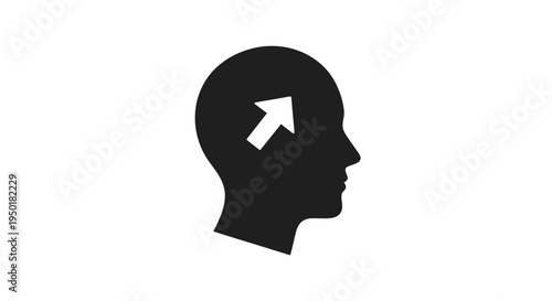 A black silhouette of a human head with a white arrow pointing upwards.