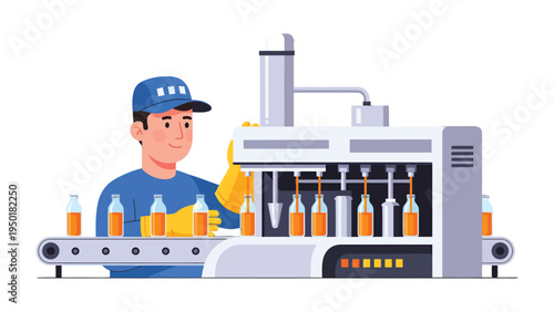 Bottling Line in Action: An illustration depicting a dedicated worker managing a modern bottling line, diligently overseeing the efficient filling of bottles with liquid.