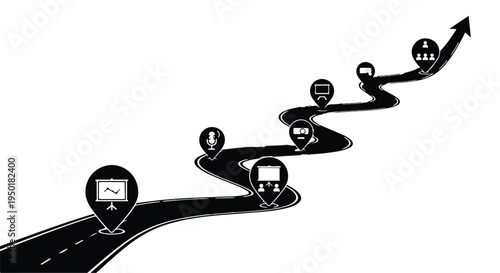 Business growth and success concept with winding road and cars reaching upward arrow target, symbolizing progress and achievement in corporate journey