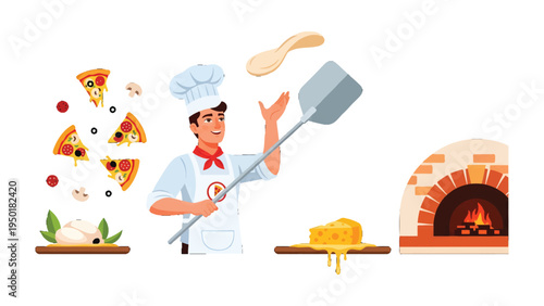 Pizza Master: A skilled culinary artist in chef attire is shown expertly crafting a pizza, surrounded by the key components of his delectable creation.