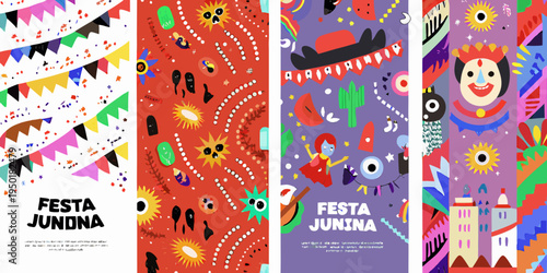 Colorful festa junina themed banners with festive illustrations and text