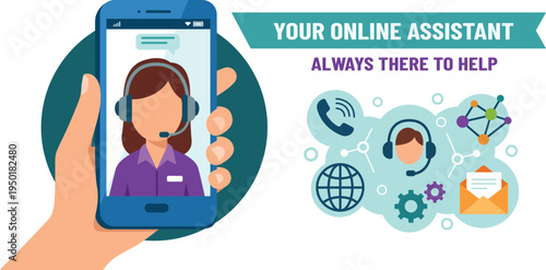 Customer and operator, online technical support 24/7. Vector illustration female hotline operator advises client. Online assistant, virtual help service smartphone. Flat vector illustration.