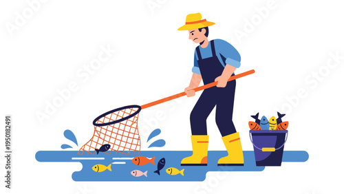 Fisherman at Work: A diligent fisherman, clad in appropriate attire, skillfully casts his net into the water, aiming to capture the fish, showcasing dedication. 