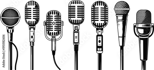 Vintage retro microphones collection, classic radio broadcast microphone set line art vector illustration isolated on white background