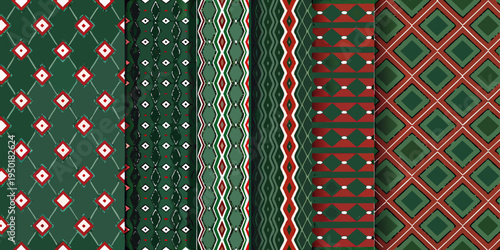 A vibrant collection of geometric patterns in red and green hues