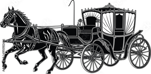 Vintage horse drawn carriage with elegant royal coach, black silhouette vector illustration, classic Victorian transportation isolated on white background