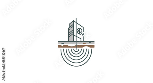 A stylized illustration of a building with a clock tower and a series of concentric circles.