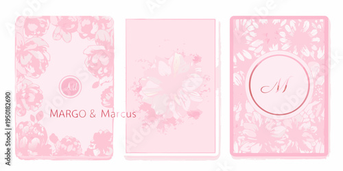 Three pink wedding invitation designs featuring floral patterns and monograms