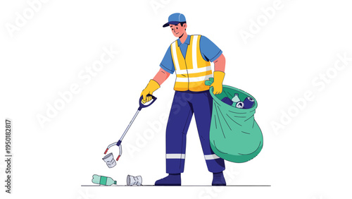 Eco-Conscious Action: A dedicated individual collects litter, demonstrating a commitment to environmental protection. Witness the importance of waste management and promote a cleaner planet.