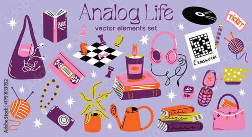 Analog Life trend vector sticker elements set of cute funky groovy cartoon illustration of offline hobbies, retro objects, digital detox lifestyle icons, books, vinyl, crosswords, chess, analog bag