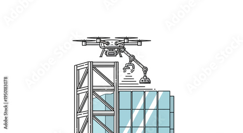 Drone lifting a container with robotic arm.