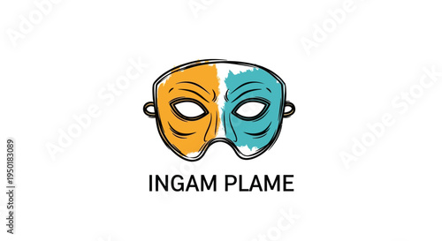 Theatrical masks in orange and blue.