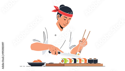Sushi Chef at Work: A skilled chef meticulously prepares a colorful array of sushi rolls, embodying precision and artistry with the use of knife and chopsticks.
