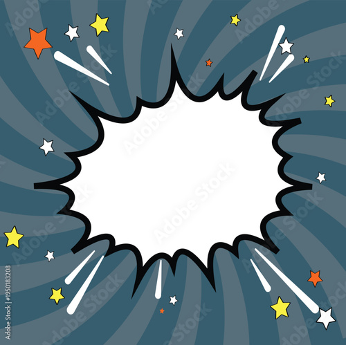Surprising boom cloud with stars and lightnings in halftone background for sales and promotions. Banner template for surprises and bursting events. Vector illustration in pop art style