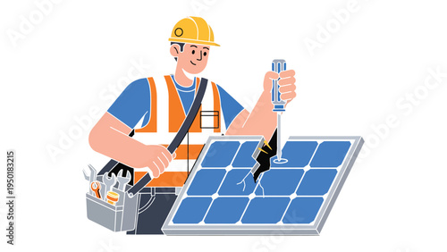 Solar Panel Technician at Work: A dedicated technician meticulously repairs a damaged solar panel, emphasizing the vital role of renewable energy and sustainable practices in a contemporary.