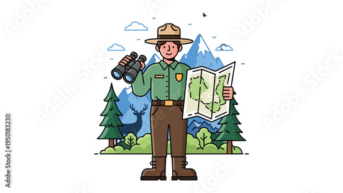 Park Ranger in Nature: A dedicated park ranger stands tall amidst the wilderness, clutching a map and binoculars, symbolizing exploration, environmental stewardship, and a deep connection to nature.